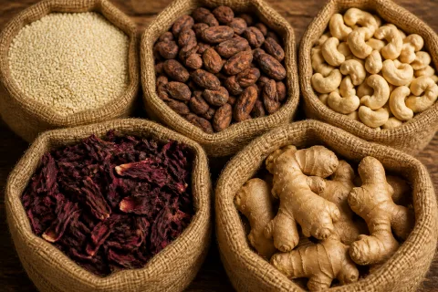 Sesame, cocoa, cashew, hibiscus and ginger arranged in export sacks.