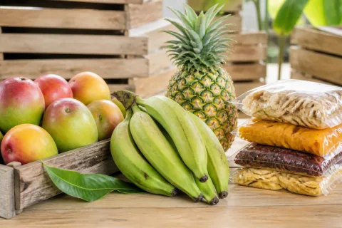 Mango, plantain, pineapple and dried fruit prepared for trade.