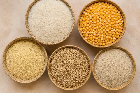 Rice, maize, millet, sorghum and fonio displayed in woven bowls.