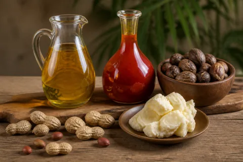 Palm and groundnut oils with shea nuts and raw shea butter.