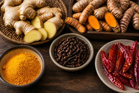 Ginger, turmeric, cloves and dried chili arranged on a wooden surface.