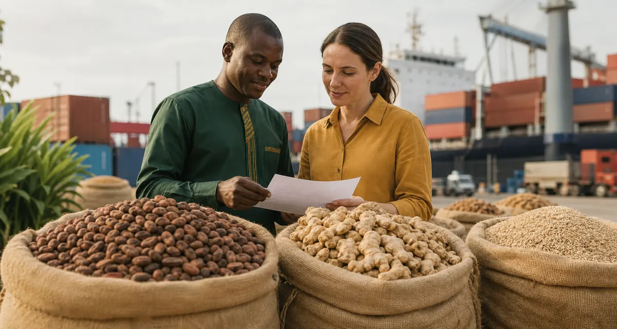 African agricultural commodities prepared for export as trade partners review shipping documents at a port.